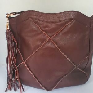 Stylish Brown Faux Leather Hobo Bag with‎ Diamond Stitching and Tassel Detail